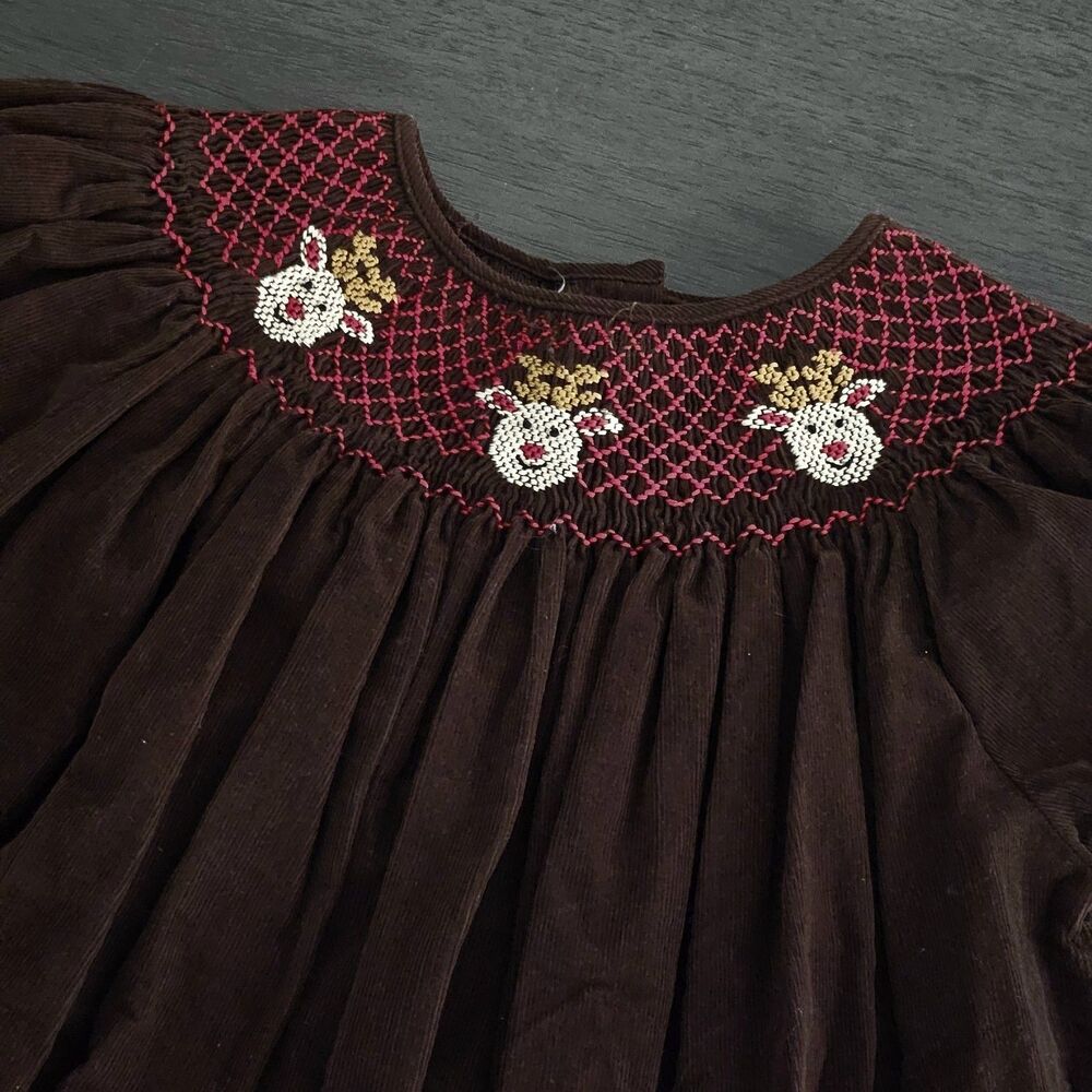 Vtg Brown Corduroy Embroidered Reindeer Smocked Dress Size 6X Christmas